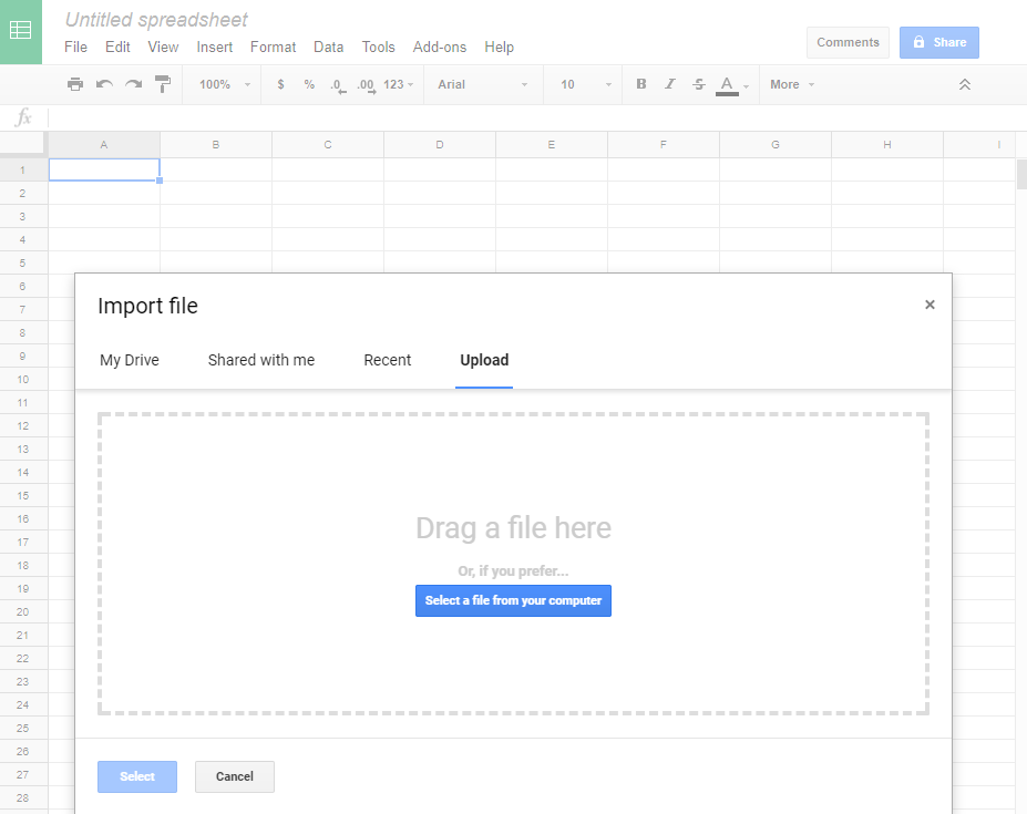 Zvolení souboru pro import do Google Sheets
