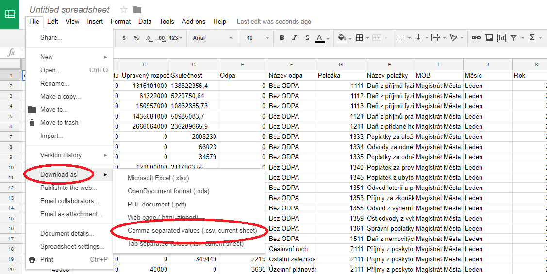 Stažení CSV souboru z Google Sheets